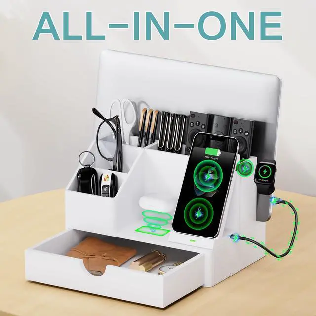 Alt view image 4 of 6 - Sleek White PU Leather Charging Station with Drawer - 6-in-1 Multi-Device Desktop Organizer Docking Hub for iPad, Tablet, Laptop, Phone, Watch, Office Home Gift Idea