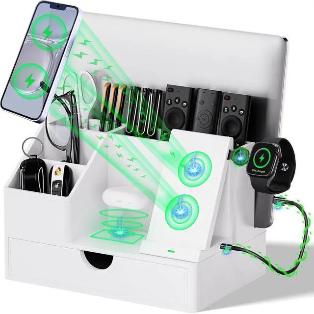Main image of Sleek White PU Leather Charging Station with Drawer - 6-in-1 Multi-Device Desktop Organizer Docking Hub for iPad, Tablet, Laptop, Phone, Watch, Office Home Gift Idea