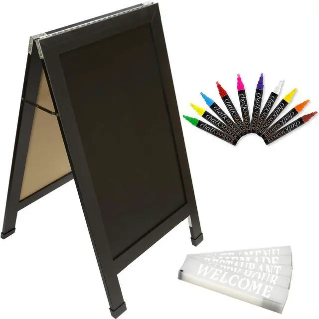 Main image of Large Double-sided 40x23 Heavy-Duty A-Frame Sidewalk Chalkboard Standing Sign, Includes 10 Chalk Markers, 40 Piece Stencil Set, Chalk and Eraser (Black)