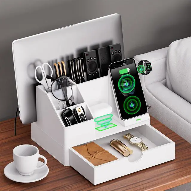 Alt view image 3 of 6 - Sleek White PU Leather Charging Station with Drawer - 6-in-1 Multi-Device Desktop Organizer Docking Hub for iPad, Tablet, Laptop, Phone, Watch, Office Home Gift Idea