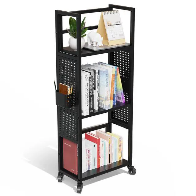 Alt view image 2 of 7 - Rolling Book Cart with Wheels, 3-Tier Portable Bookshelf 9.5" D x 17.9" W x 43" H Vinyl Record Storage Cart for Albums & Record Player Stand, Storage Organizer with Side Hooks & Bins
