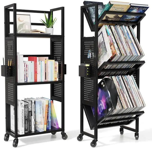 Main image of Rolling Book Cart with Wheels, 3-Tier Portable Bookshelf 9.5" D x 17.9" W x 43" H Vinyl Record Storage Cart for Albums & Record Player Stand, Storage Organizer with Side Hooks & Bins