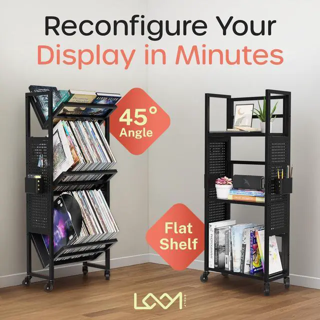 Alt view image 4 of 7 - Rolling Book Cart with Wheels, 3-Tier Portable Bookshelf 9.5" D x 17.9" W x 43" H Vinyl Record Storage Cart for Albums & Record Player Stand, Storage Organizer with Side Hooks & Bins
