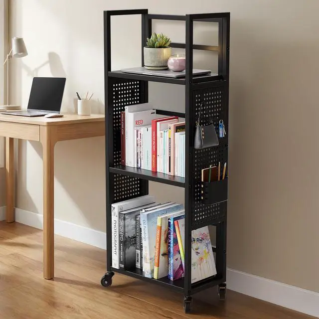 Alt view image 3 of 7 - Rolling Book Cart with Wheels, 3-Tier Portable Bookshelf 9.5" D x 17.9" W x 43" H Vinyl Record Storage Cart for Albums & Record Player Stand, Storage Organizer with Side Hooks & Bins