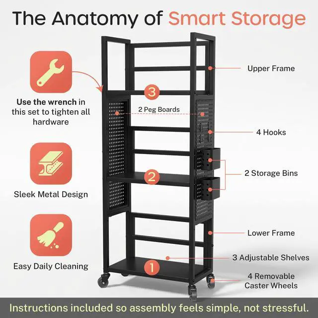 Alt view image 5 of 7 - Rolling Book Cart with Wheels, 3-Tier Portable Bookshelf 9.5" D x 17.9" W x 43" H Vinyl Record Storage Cart for Albums & Record Player Stand, Storage Organizer with Side Hooks & Bins