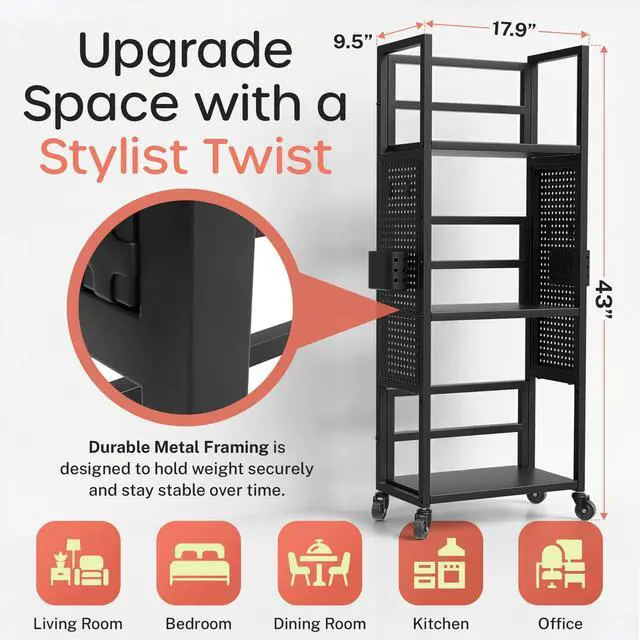 Alt view image 6 of 7 - Rolling Book Cart with Wheels, 3-Tier Portable Bookshelf 9.5" D x 17.9" W x 43" H Vinyl Record Storage Cart for Albums & Record Player Stand, Storage Organizer with Side Hooks & Bins