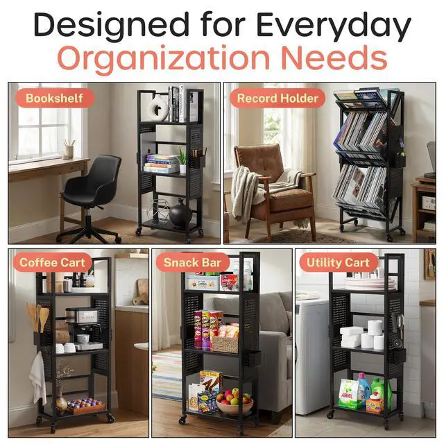 Alt view image 7 of 7 - Rolling Book Cart with Wheels, 3-Tier Portable Bookshelf 9.5" D x 17.9" W x 43" H Vinyl Record Storage Cart for Albums & Record Player Stand, Storage Organizer with Side Hooks & Bins