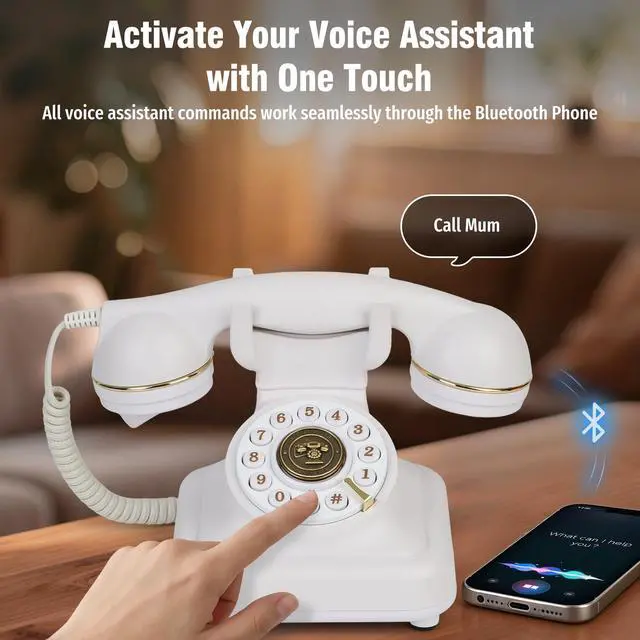 Alt view image 2 of 7 - Bluetooth Retro Phone with Voice Assistant, Bluetooth Landline Phone Compatible with Android & iOS, Wireless Bluetooth Physical Home Phone Telephone with Speakerphone & Volume Control, White