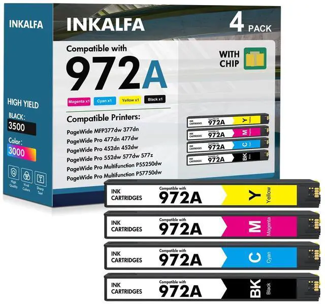 Main image of 972A 972X Ink Cartridges for HP Printers MFP 477dw 477dn Combo Pack | Replacement for HP 972A 972X for Pagewide Pro MFP 477dw 477dn 577dw (4 Pack, Black, Cyan, Yellow, Magenta)