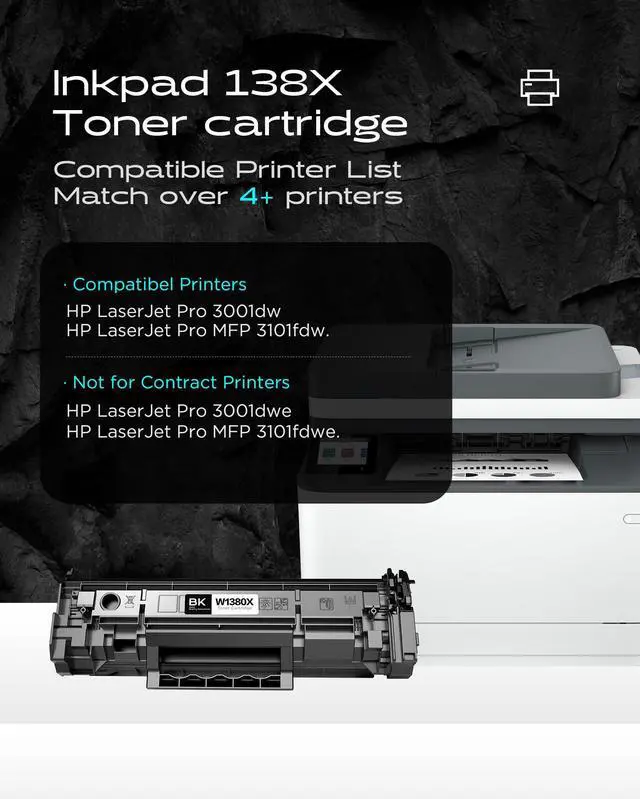 Alt view image 3 of 7 - 138X W1380X Black High Yield Toner Cartridge 2 Pack | Compatible with HP LaserJet Pro MFP 3101fdw 3001dw 3101fdwe 3001dwe Printer, with Chip, 4000 Pages per Toner