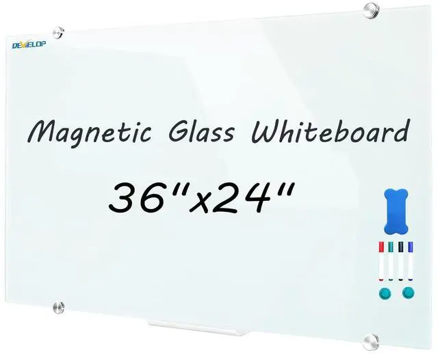 Main image of Magnetic Glass Dry Erase Board/Whiteboard, Wall Mounted Glass White Board, Frameless with Aluminum Marker Tray, 36 x 24 Inch (90x60cm), Includes 4 Dry Erase Markers 1 Eraser and 2 Magnets