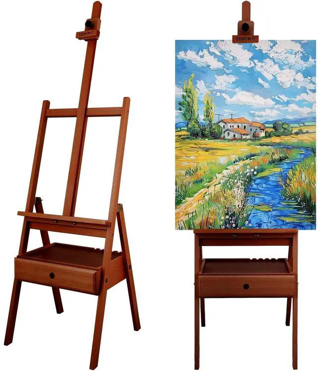 Main image of Large Beechwood H-Frame Studio Easel Stand with Storage Drawer, Walnut | Height Adjustable to 35Inches High, Suitable for Painting, Sketching and Displaying