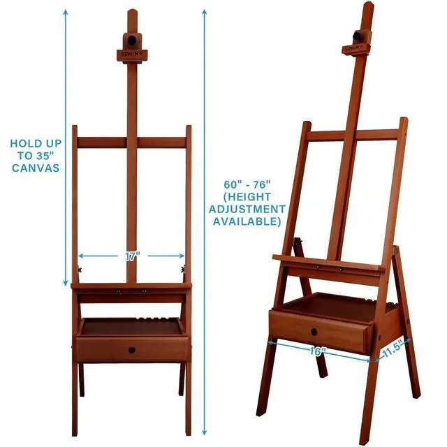 Alt view image 2 of 7 - Large Beechwood H-Frame Studio Easel Stand with Storage Drawer, Walnut | Height Adjustable to 35Inches High, Suitable for Painting, Sketching and Displaying