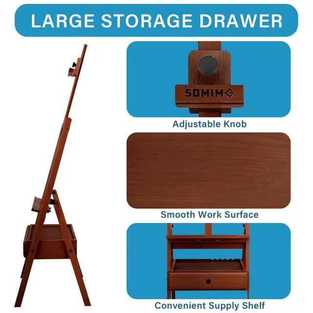 Alt view image 3 of 7 - Large Beechwood H-Frame Studio Easel Stand with Storage Drawer, Walnut | Height Adjustable to 35Inches High, Suitable for Painting, Sketching and Displaying