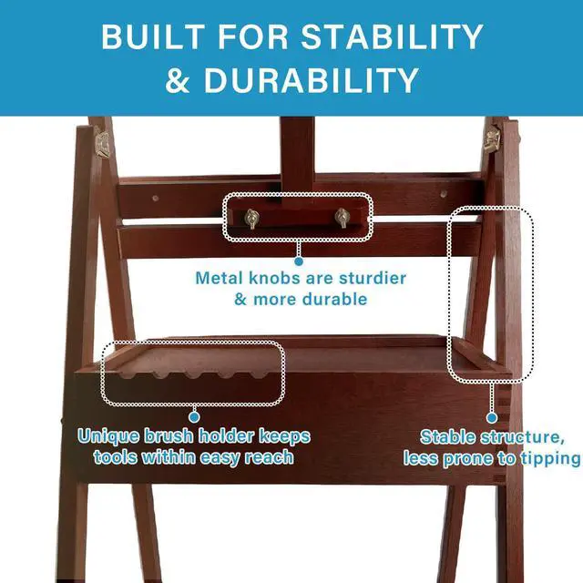 Alt view image 5 of 7 - Large Beechwood H-Frame Studio Easel Stand with Storage Drawer, Walnut | Height Adjustable to 35Inches High, Suitable for Painting, Sketching and Displaying