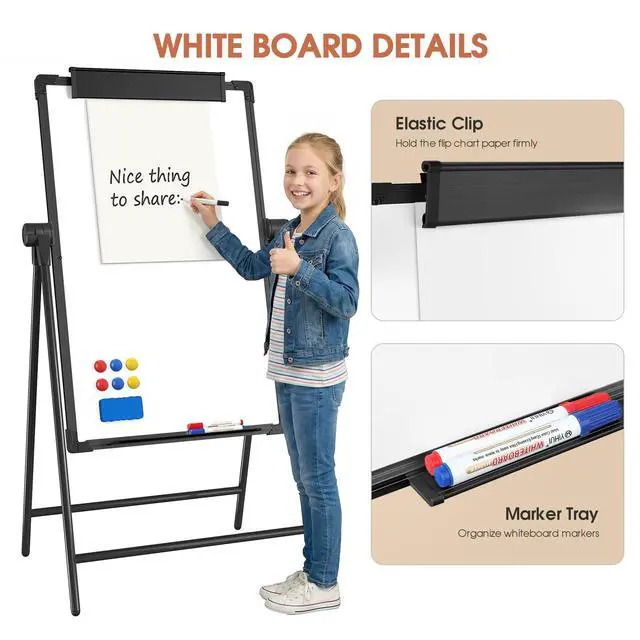 Alt view image 6 of 7 - Easel Whiteboard with Stand, Height Adjustable Dry Erase Board | Aluminum Alloy Frame A-Stand, Portable Magnetic White Board for Office Classroom Teaching, Double-Sided Easel (36x24, Black)