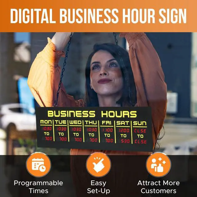 Alt view image 2 of 7 - Digital Business Hours Sign by ELEMENT LUX - Electronic Programmable Hours of Operation Signs for Business with Ultra Bright LEDs for Glass Door - Remote and Hanging Kit - 16in x 5.5in, Yellow