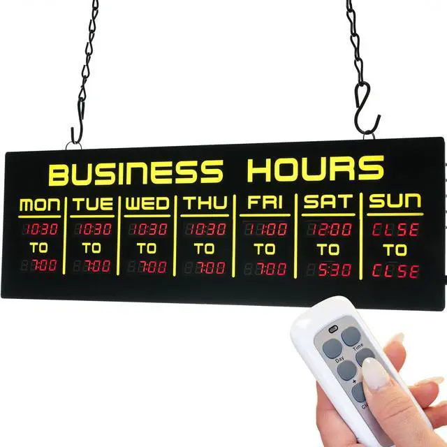 Main image of Digital Business Hours Sign by ELEMENT LUX - Electronic Programmable Hours of Operation Signs for Business with Ultra Bright LEDs for Glass Door - Remote and Hanging Kit - 16in x 5.5in, Yellow