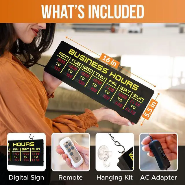 Alt view image 3 of 7 - Digital Business Hours Sign by ELEMENT LUX - Electronic Programmable Hours of Operation Signs for Business with Ultra Bright LEDs for Glass Door - Remote and Hanging Kit - 16in x 5.5in, Yellow
