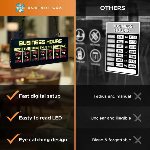 Alt view image 5 of 7 - Digital Business Hours Sign by ELEMENT LUX - Electronic Programmable Hours of Operation Signs for Business with Ultra Bright LEDs for Glass Door - Remote and Hanging Kit - 16in x 5.5in, Yellow