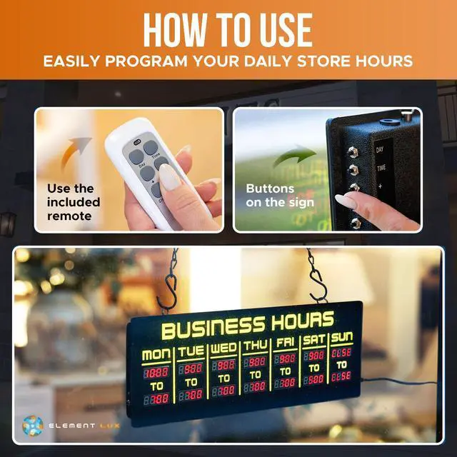 Alt view image 6 of 7 - Digital Business Hours Sign by ELEMENT LUX - Electronic Programmable Hours of Operation Signs for Business with Ultra Bright LEDs for Glass Door - Remote and Hanging Kit - 16in x 5.5in, Yellow