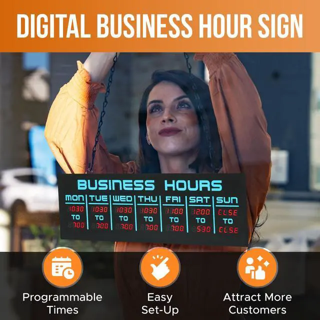 Alt view image 2 of 7 - Digital Business Hours Sign by ELEMENT LUX - Electronic Programmable Hours of Operation Signs for Business with Ultra Bright LEDs for Glass Door - Remote and Hanging Kit - 16in x 5.5in, Blue