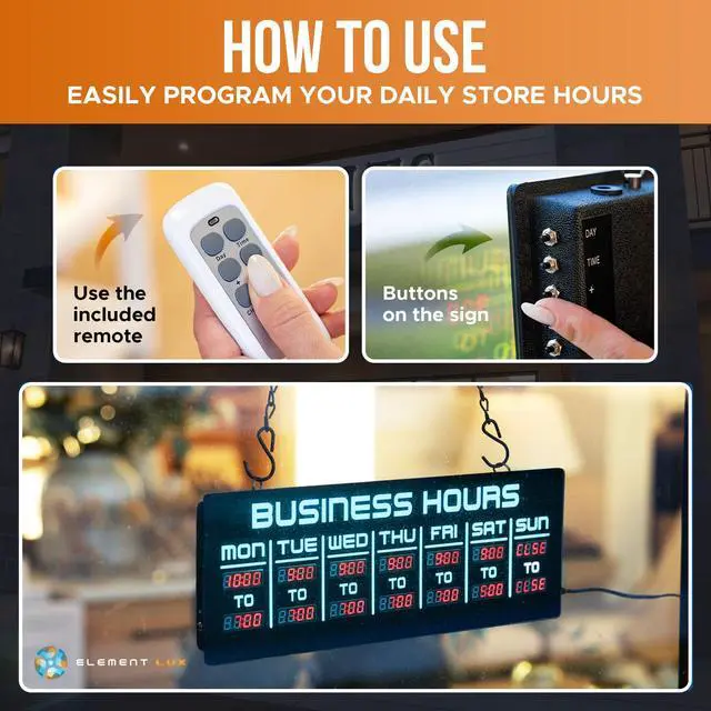 Alt view image 6 of 7 - Digital Business Hours Sign by ELEMENT LUX - Electronic Programmable Hours of Operation Signs for Business with Ultra Bright LEDs for Glass Door - Remote and Hanging Kit - 16in x 5.5in, Blue