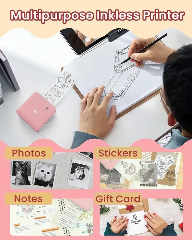 Alt view image 5 of 7 - Mini Sticker Printer - Print Pods M02 Pro 300dpi Mini Pocket Printer, Sticker Printer Maker Thermal Label Machine for Photo Printing, DIYs, Study Notes, Travel, Work and Study, Gift, Pink