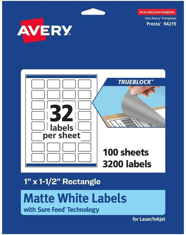 Main image of ® TrueBlock® Matte White Rectangle Labels, Sure Feed® Technology, 1" x 1.5", 3,200 Matte White Labels, Print-to-The-Edge, Laser/Inkjet Printable, Great for Packaging and Product Merchandising