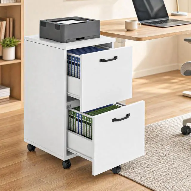 Main image of 2-Drawer Rolling File Cabinet, Under Desk Storage, White | Not for Hanging Files, Printer Stand, Lockable Wheels, Mobile Wood Home Office Organizer