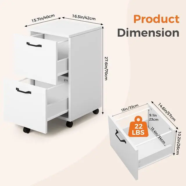 Alt view image 2 of 7 - 2-Drawer Rolling File Cabinet, Under Desk Storage, White | Not for Hanging Files, Printer Stand, Lockable Wheels, Mobile Wood Home Office Organizer