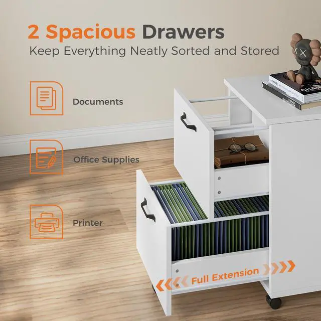 Alt view image 5 of 7 - 2-Drawer Rolling File Cabinet, Under Desk Storage, White | Not for Hanging Files, Printer Stand, Lockable Wheels, Mobile Wood Home Office Organizer