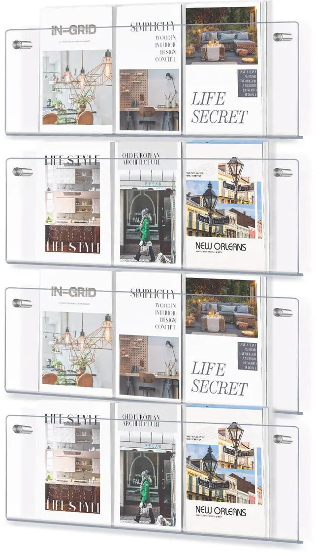 Main image of 4 Pack Clear Acrylic Magazine Holder Wall Mount Hanging Bookshelf 21" Magazine Rack Brochure Holder for Waiting Room, Living Room, Office, Home Display