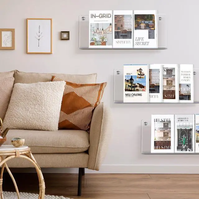 Alt view image 4 of 6 - 4 Pack Clear Acrylic Magazine Holder Wall Mount Hanging Bookshelf 21" Magazine Rack Brochure Holder for Waiting Room, Living Room, Office, Home Display