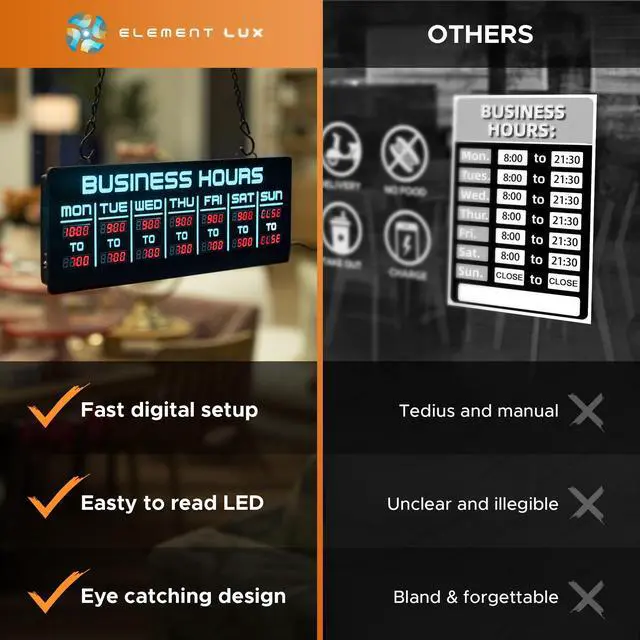 Alt view image 5 of 7 - Digital Business Hours Sign by ELEMENT LUX - Electronic Programmable Hours of Operation Signs for Business with Ultra Bright LEDs for Glass Door - Remote and Hanging Kit - 16in x 5.5in, Blue