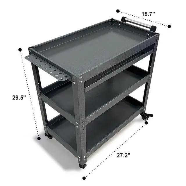 Alt view image 2 of 7 - Metal 3 Tier Rolling Tool Cart with Drawer, Steel Utility Cart on Wheels, for Warehouse Garage Workshop