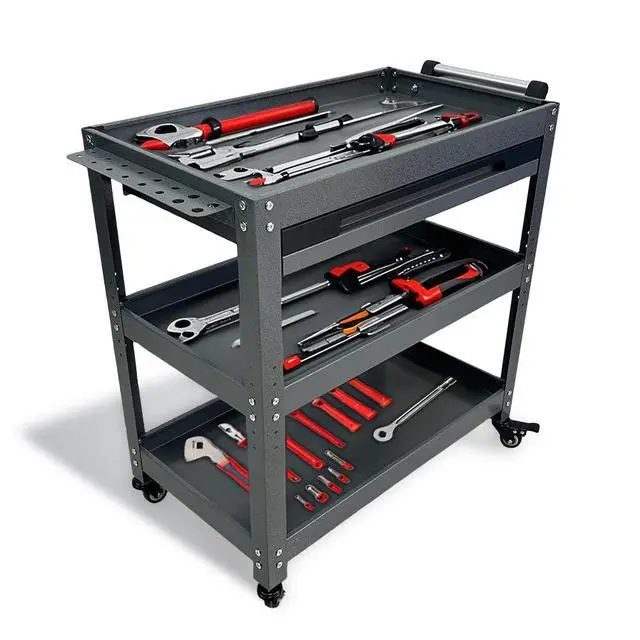 Alt view image 5 of 7 - Metal 3 Tier Rolling Tool Cart with Drawer, Steel Utility Cart on Wheels, for Warehouse Garage Workshop