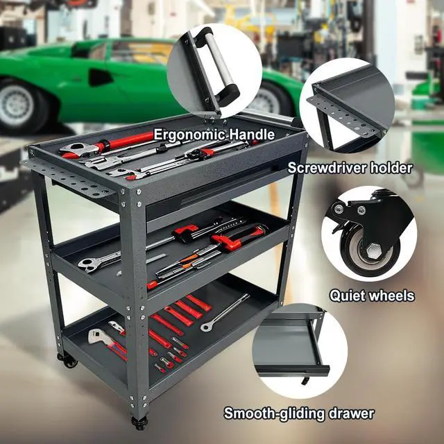 Alt view image 7 of 7 - Metal 3 Tier Rolling Tool Cart with Drawer, Steel Utility Cart on Wheels, for Warehouse Garage Workshop