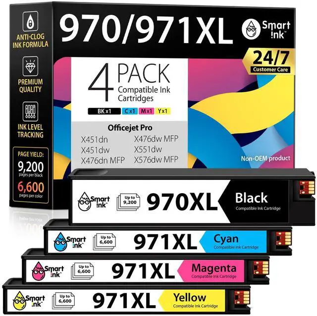 Main image of Compatible Ink Cartridge Replacement for HP 970XL 971XL HP 970 XL 971 XL Filled with Kodak Ink (4 Pack, Black & Cyan/Magenta/Yellow) for HP Officejet Pro X576dw X476dw MFP X451dn X476dn MFP