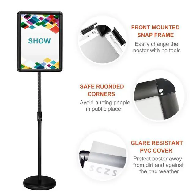 Alt view image 2 of 6 - Sign Stand Adjustable Pedestal Sign Holder Stand, Poster Stand Aluminum Snap Open Frame for 8.5X11 Inches with Heavy Round Base, Both Vertical and Horizontal Sign Displayed (8.5x11inches(2pack))