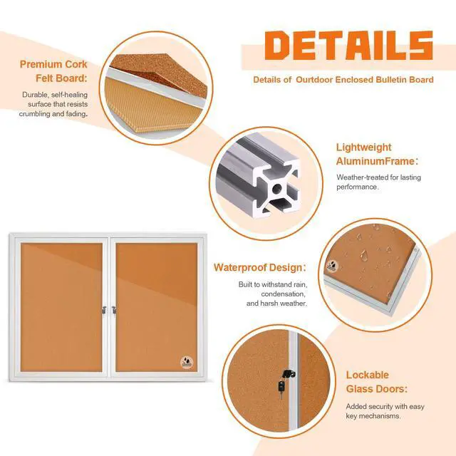 Alt view image 2 of 7 - Lockable Outdoor Enclosed Bulletin Board, Weatherproof Cork Noticeboard with Locking Door, Tamperproof Wall-Mounted Aluminum Frame Notice Poster Memo Board(Silver,44x32 Inch)