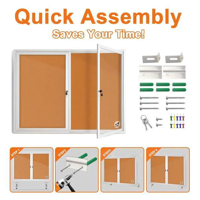 Alt view image 7 of 7 - Lockable Outdoor Enclosed Bulletin Board, Weatherproof Cork Noticeboard with Locking Door, Tamperproof Wall-Mounted Aluminum Frame Notice Poster Memo Board(Silver,44x32 Inch)
