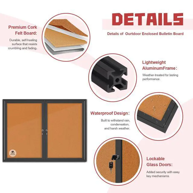 Alt view image 3 of 7 - Lockable Outdoor Enclosed Bulletin Board, Weatherproof Cork Noticeboard with Locking Door, Tamperproof Wall-Mounted Aluminum Frame Notice Poster Memo Board(Black,44x32 Inch)