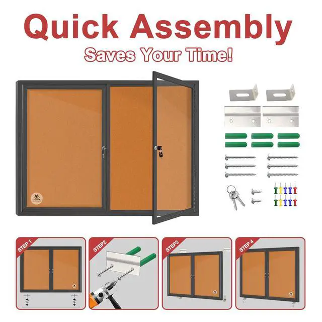 Alt view image 6 of 7 - Lockable Outdoor Enclosed Bulletin Board, Weatherproof Cork Noticeboard with Locking Door, Tamperproof Wall-Mounted Aluminum Frame Notice Poster Memo Board(Black,44x32 Inch)