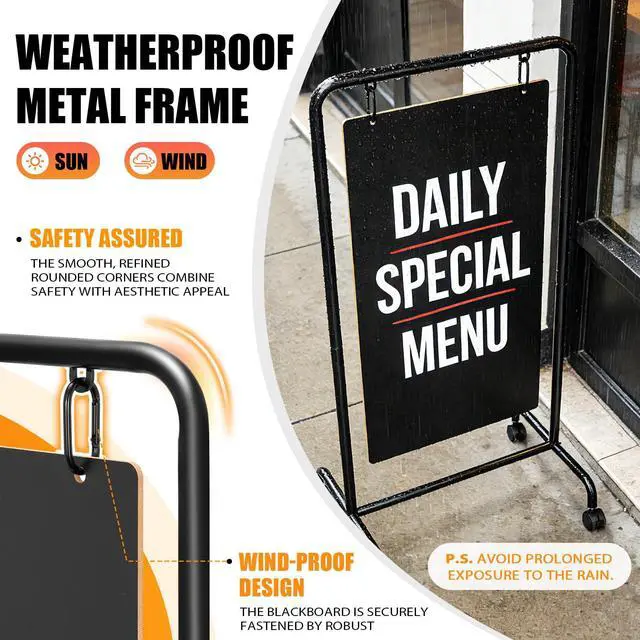Alt view image 3 of 7 - Rolling Metal A-Frame Chalkboard Sign with Wheels, 40" x 20" | Large Double Sided, Sidewalk Sandwich Board, Weatherproof & Stable Easel, For Restaurant, Cafe, Business, Wedding