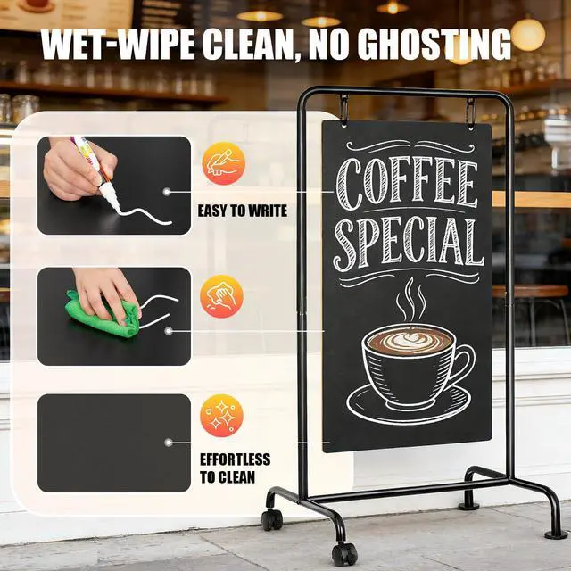 Alt view image 4 of 7 - Rolling Metal A-Frame Chalkboard Sign with Wheels, 40" x 20" | Large Double Sided, Sidewalk Sandwich Board, Weatherproof & Stable Easel, For Restaurant, Cafe, Business, Wedding