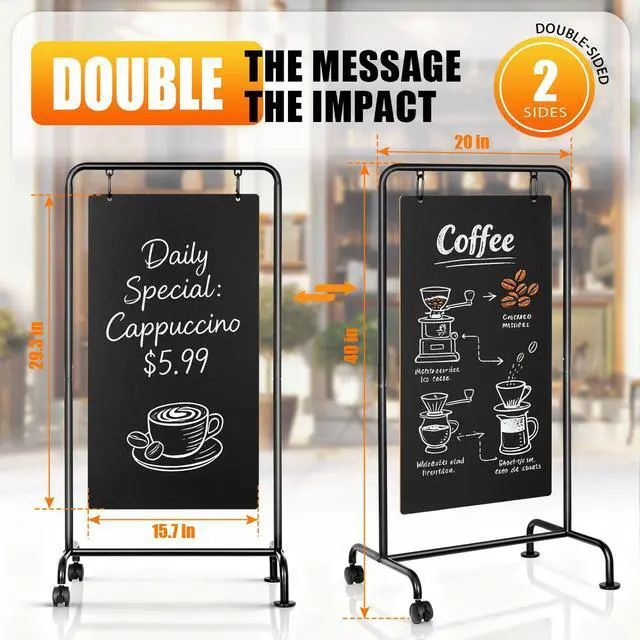 Alt view image 5 of 7 - Rolling Metal A-Frame Chalkboard Sign with Wheels, 40" x 20" | Large Double Sided, Sidewalk Sandwich Board, Weatherproof & Stable Easel, For Restaurant, Cafe, Business, Wedding