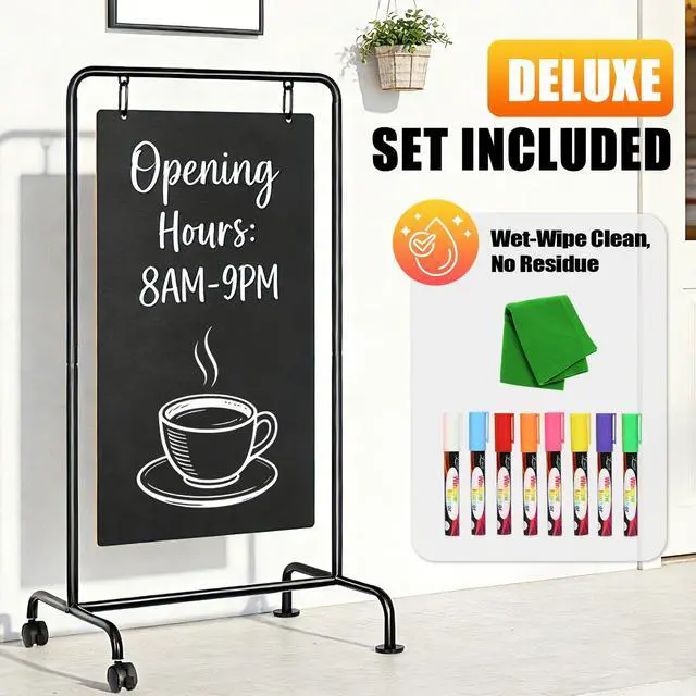 Alt view image 6 of 7 - Rolling Metal A-Frame Chalkboard Sign with Wheels, 40" x 20" | Large Double Sided, Sidewalk Sandwich Board, Weatherproof & Stable Easel, For Restaurant, Cafe, Business, Wedding