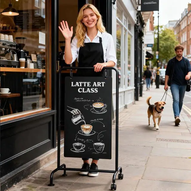 Alt view image 7 of 7 - Rolling Metal A-Frame Chalkboard Sign with Wheels, 40" x 20" | Large Double Sided, Sidewalk Sandwich Board, Weatherproof & Stable Easel, For Restaurant, Cafe, Business, Wedding