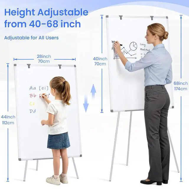Alt view image 2 of 7 - White Board with Stand 40"x28", Whiteboard Easel, Adjustable Height | Floor Standing, Magnetic, Dry Erase, Smooth Writing, 4'x2' Whiteboard with Stand, Teachers & Students, School, Home, Office
